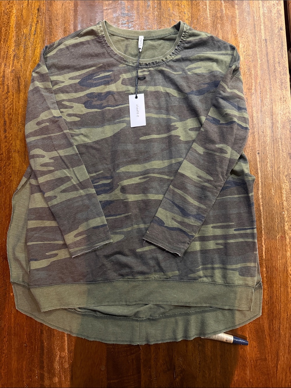 Z Supply Olive & Dark Green Camo Crewneck Long Sleeve Side Slit Tee